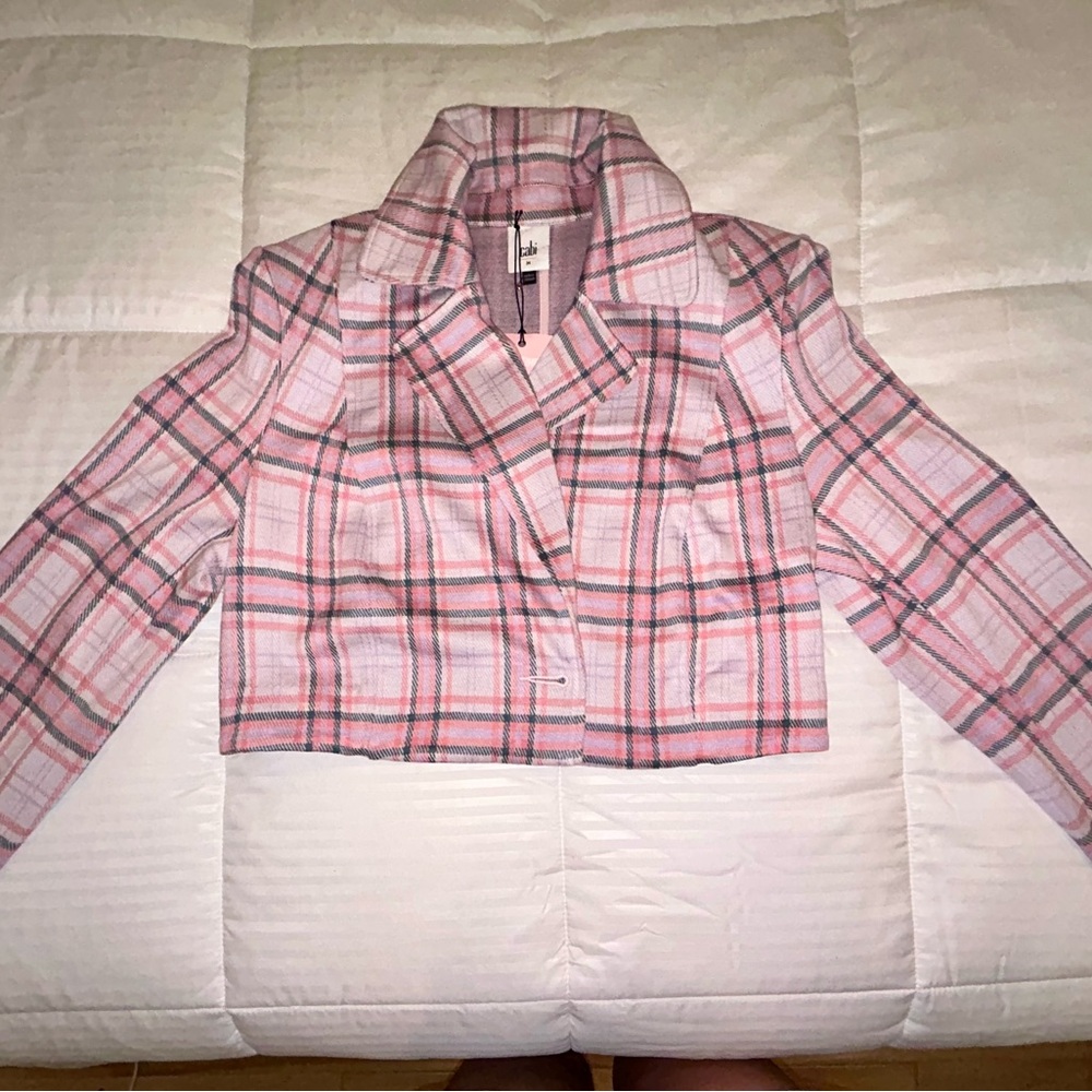 CAbi Pink and Gray Plaid Blazer Cropped Lightweight Jacket